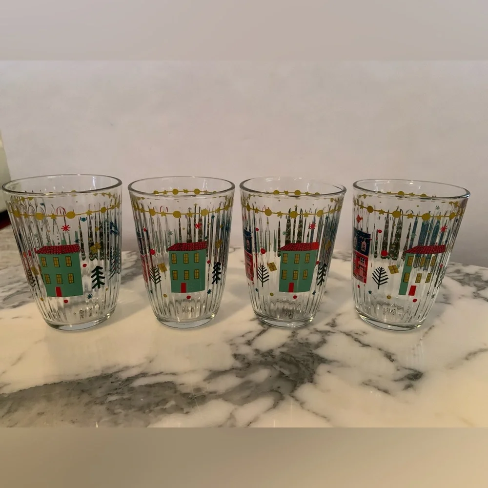 Rakle Holiday Village Christmas Tumblers Set Of 4 Ribbed Glass